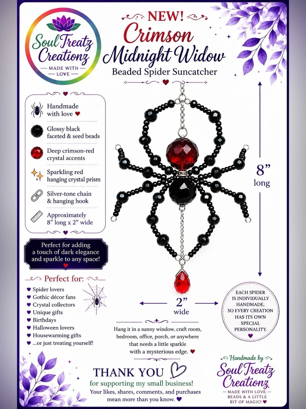 Red & Black Black Widow Crystal Beaded Spider Sun Catcher